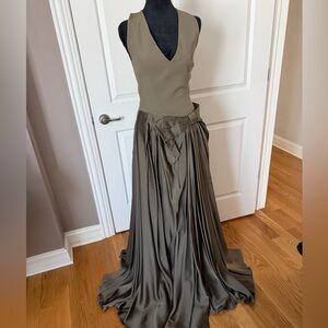 Viktor & Rolf Olive Green Satin Full-Length Pleated Skirt Dress